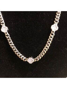 Silver-Tone Cubic Zirconia Flower Station Chain Necklace - Women Jewelry